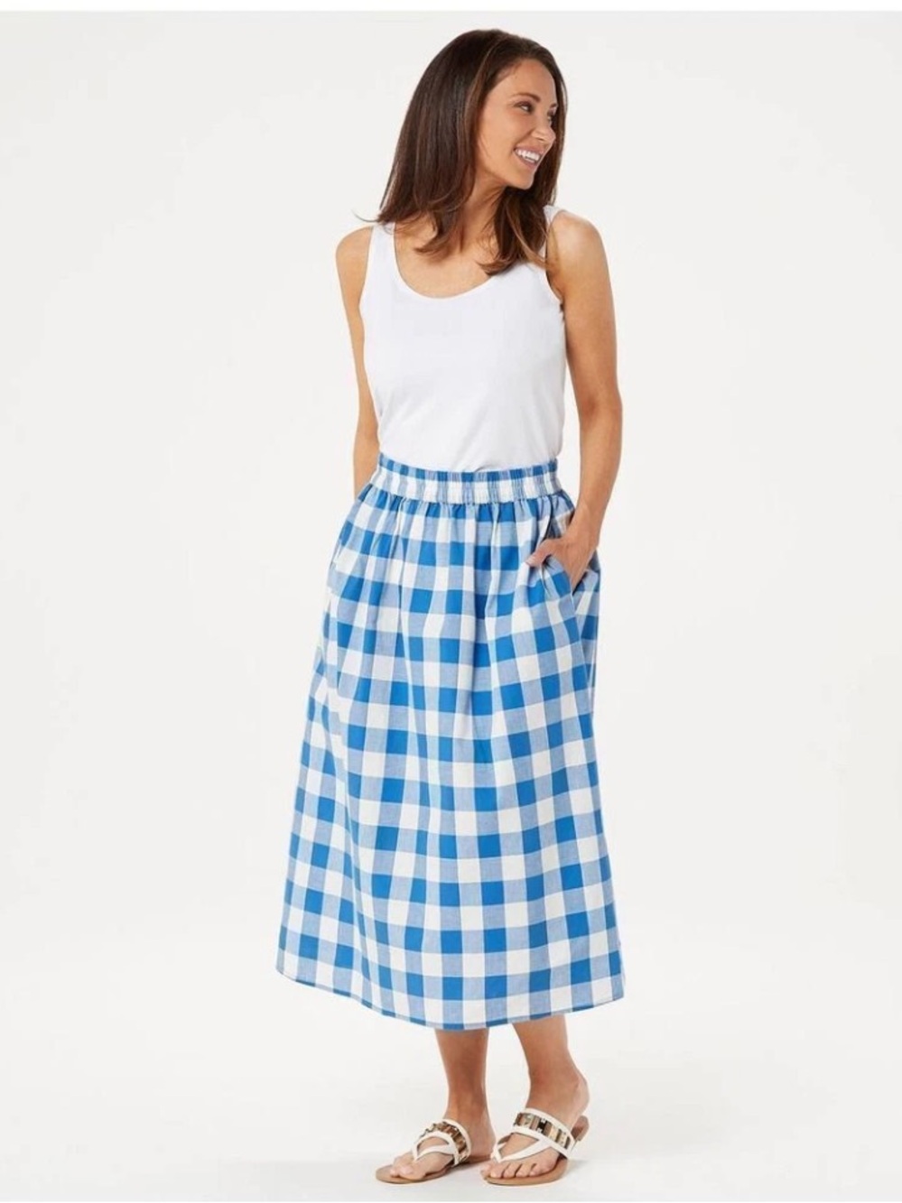 Joan Rivers Blue Buffalo Check Midi Skirt Size: L Length: 30”
Pockets